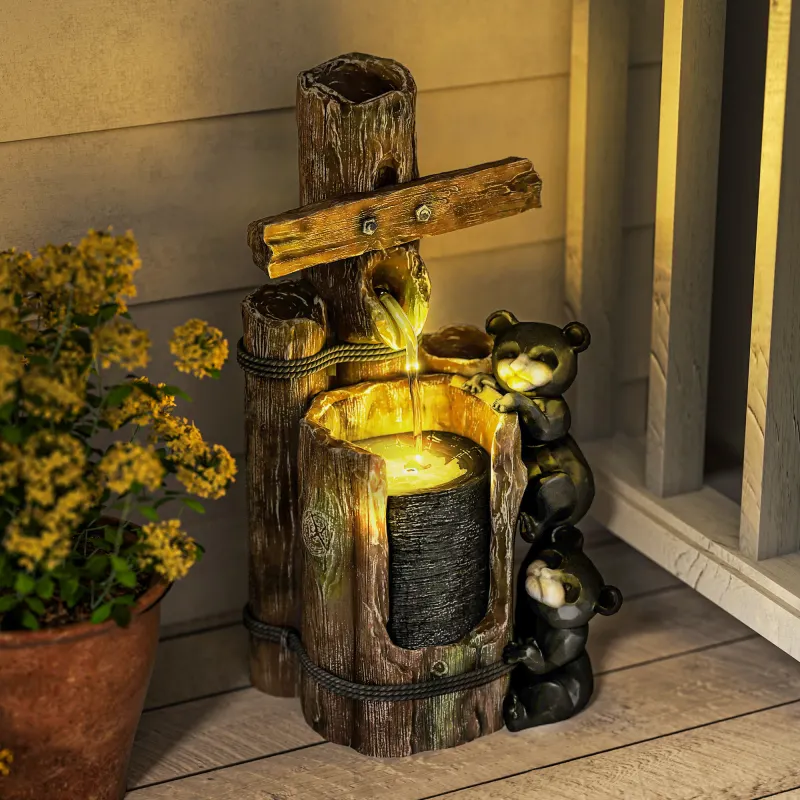 22.8" Water Fountain, 3-Tier Resin Bears on Log Outdoor Waterfall Fountain with LED Lights, Pump