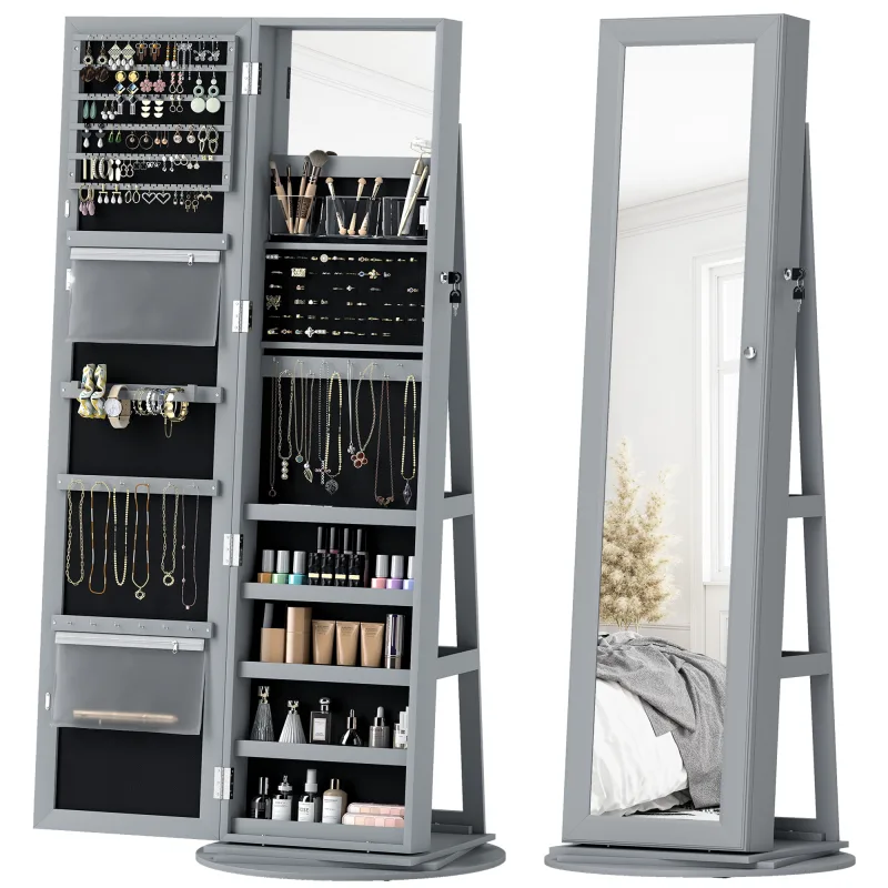 360° Swivel Jewelry Armoire, Lockable Jewelry Cabinet with Full-Length Mirror, Storage Shelves, Gray