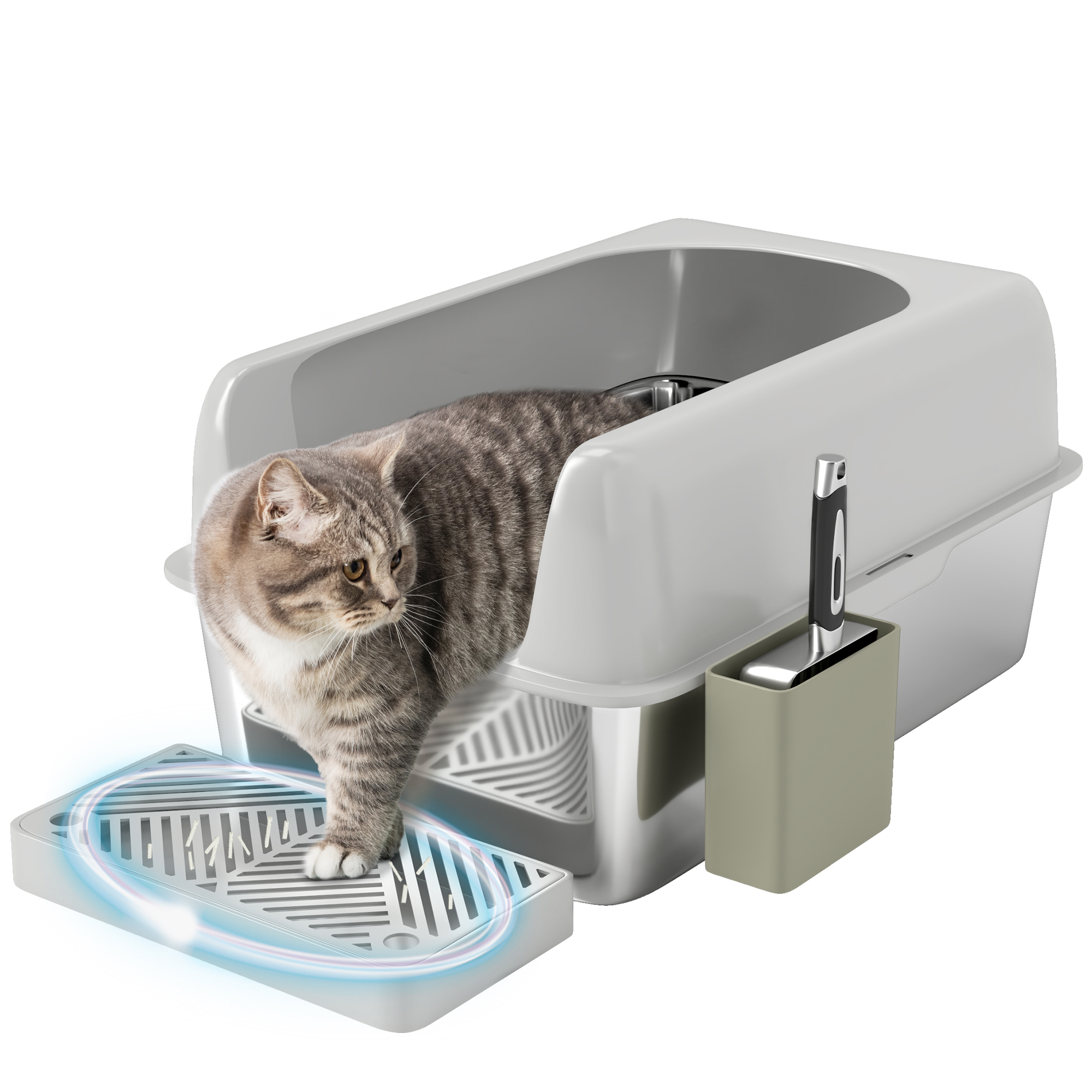 High Sided Stainless Steel Litter Box with Metal Scoop & Scoop Holder, for Easy Clean& Anti-Urine Leakage, Light Gray