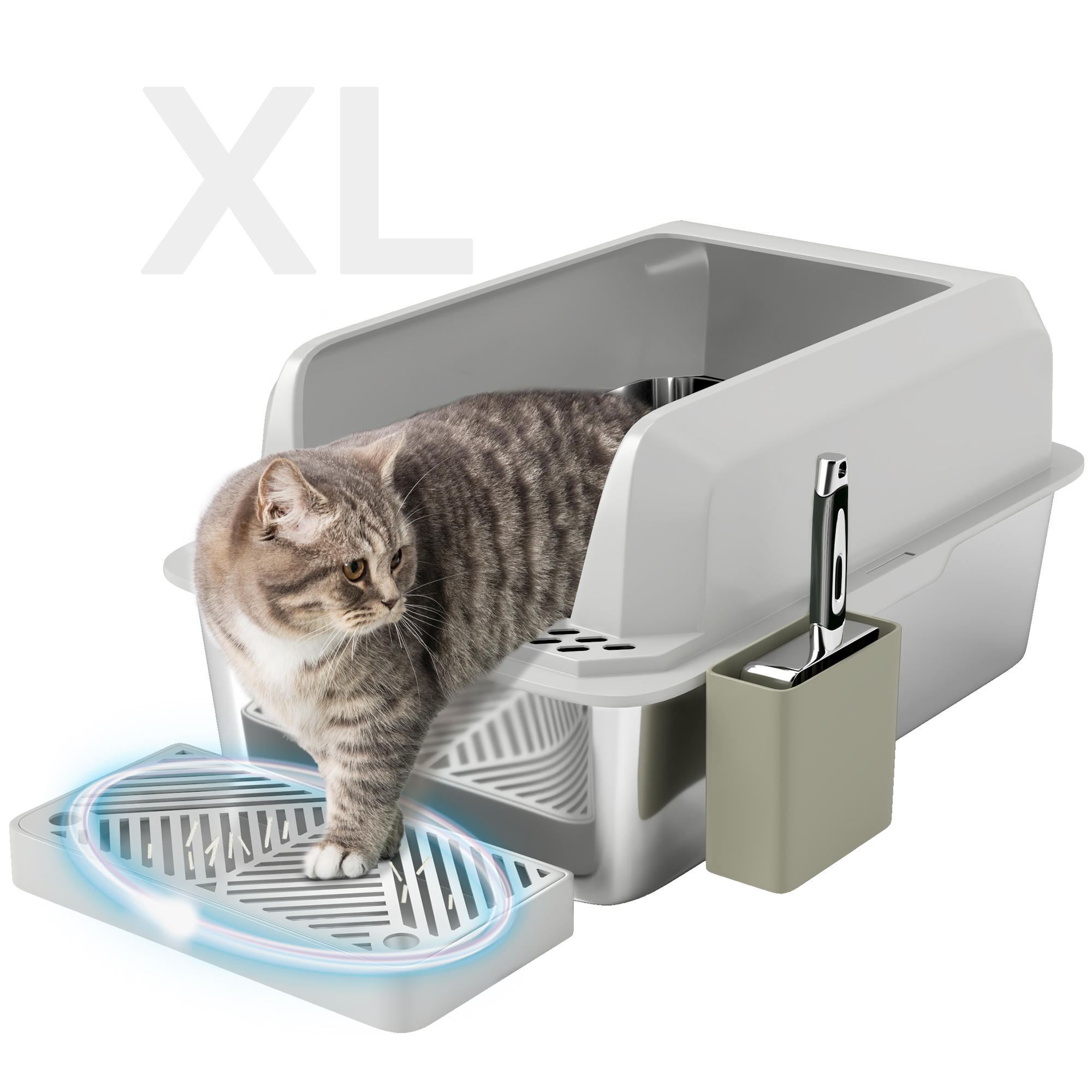 Stainless Steel Litter Box with Metal Scoop & Scoop Holder, High Sided, Anti-Urine Leakage, Non-Sticky