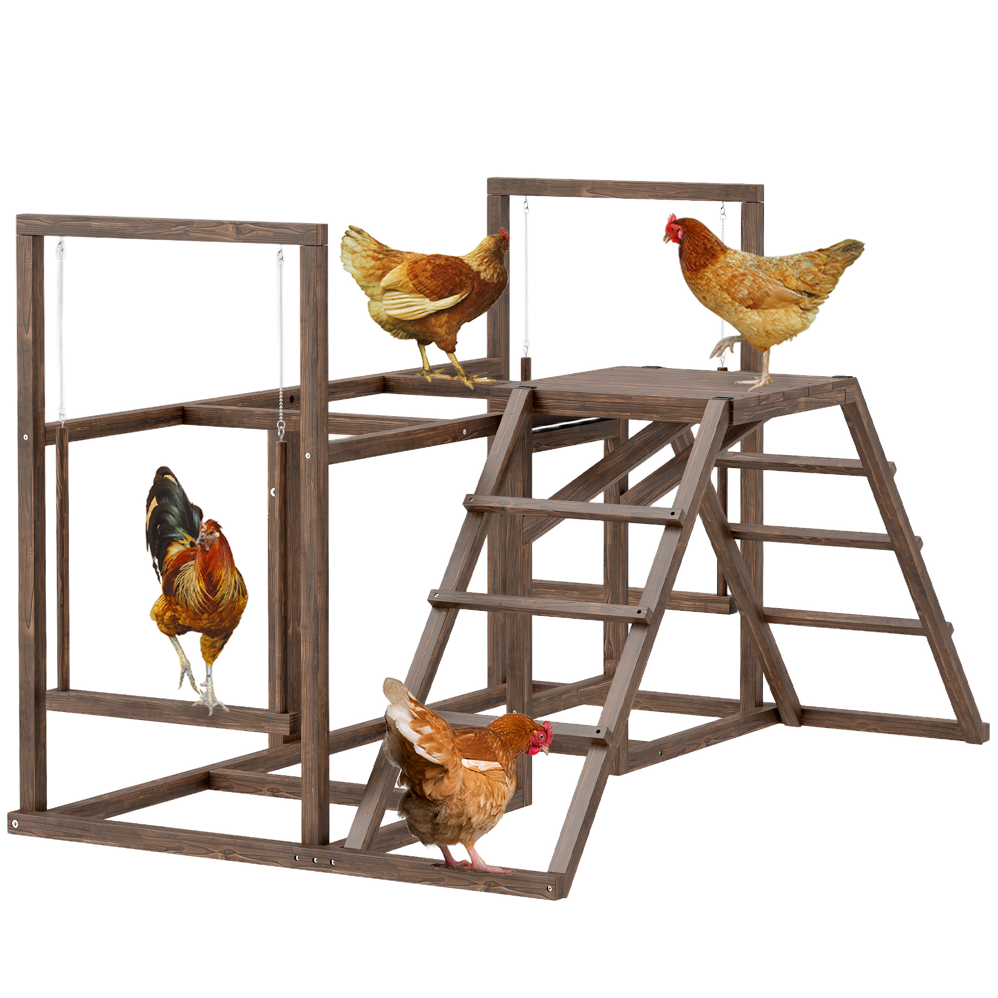 Chicken Activity Play Set with Multiple Chicken Perches, Swing, Ladder, Platform for 3-4 Chickens, Coffee