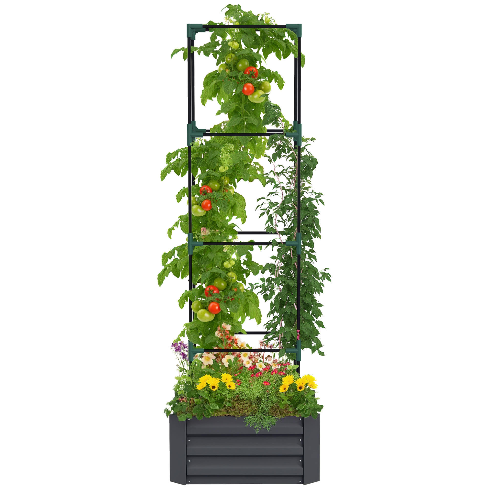 Galvanized Planter Box, 24" x 24" x 73.5" Raised Garden Bed with Tomato Cage for Climbing Vines, Dark Gray