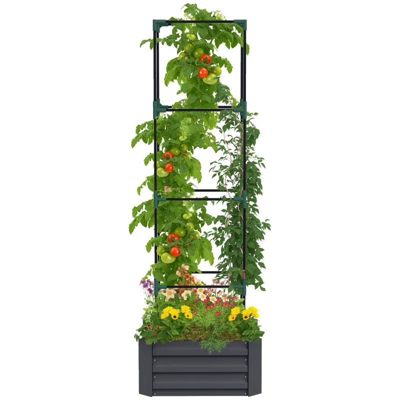 Galvanized Planter Box, 24" x 24" x 73.5" Raised Garden Bed with Tomato Cage for Climbing Vines, Dark Gray