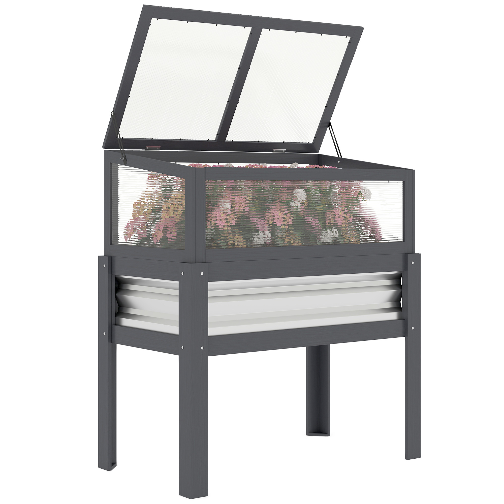 Raised Garden Bed with Flip-Up Mini Greenhouse, Elevated Planter Box with Legs and Bed Liner for Flowers, Vegetables