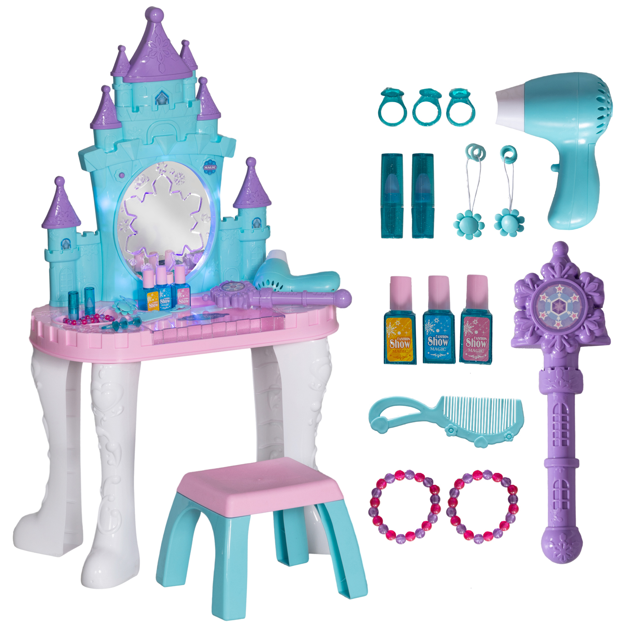Kids Vanity Set with Mirror and Stool, Light, Music, Castle Design Makeup Table for Girls 3-6 Years, Multicolor