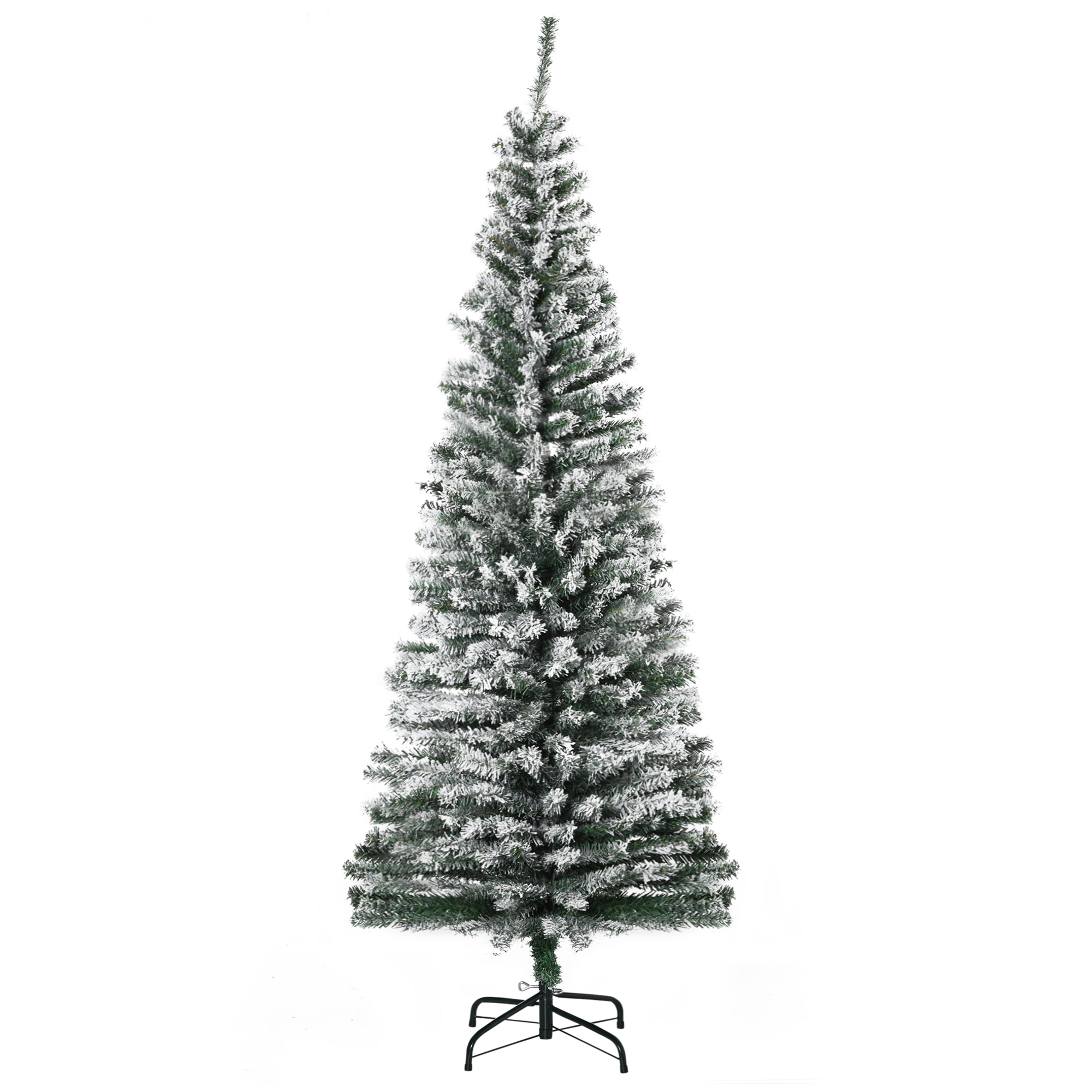 6ft Flocked Christmas Tree, Pencil Artificial Xmas Tree with Faux Snow, Dense Branches, Foldable Metal Base for Indoor Holiday Decor