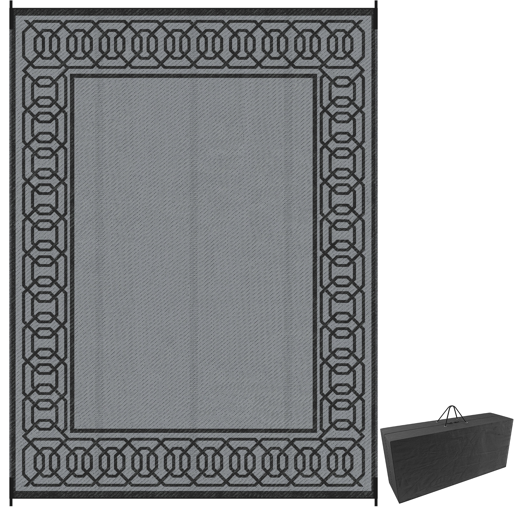 Outdoor Rug for Patio, 9' x 12' Waterproof Large Mat, Reversible Plastic Straw Rug for Decor, Portable Outside RV Camping Area Carpet Mat for Backyard Porch Deck Picnic, Black & Gray Border