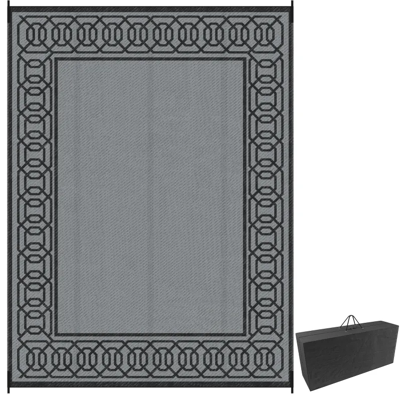 Outdoor Rug for Patio, 9' x 12' Waterproof Large Mat, Reversible Plastic Straw Rug for Decor, Portable Outside RV Camping Area Carpet Mat for Backyard Porch Deck Picnic, Black & Gray Border