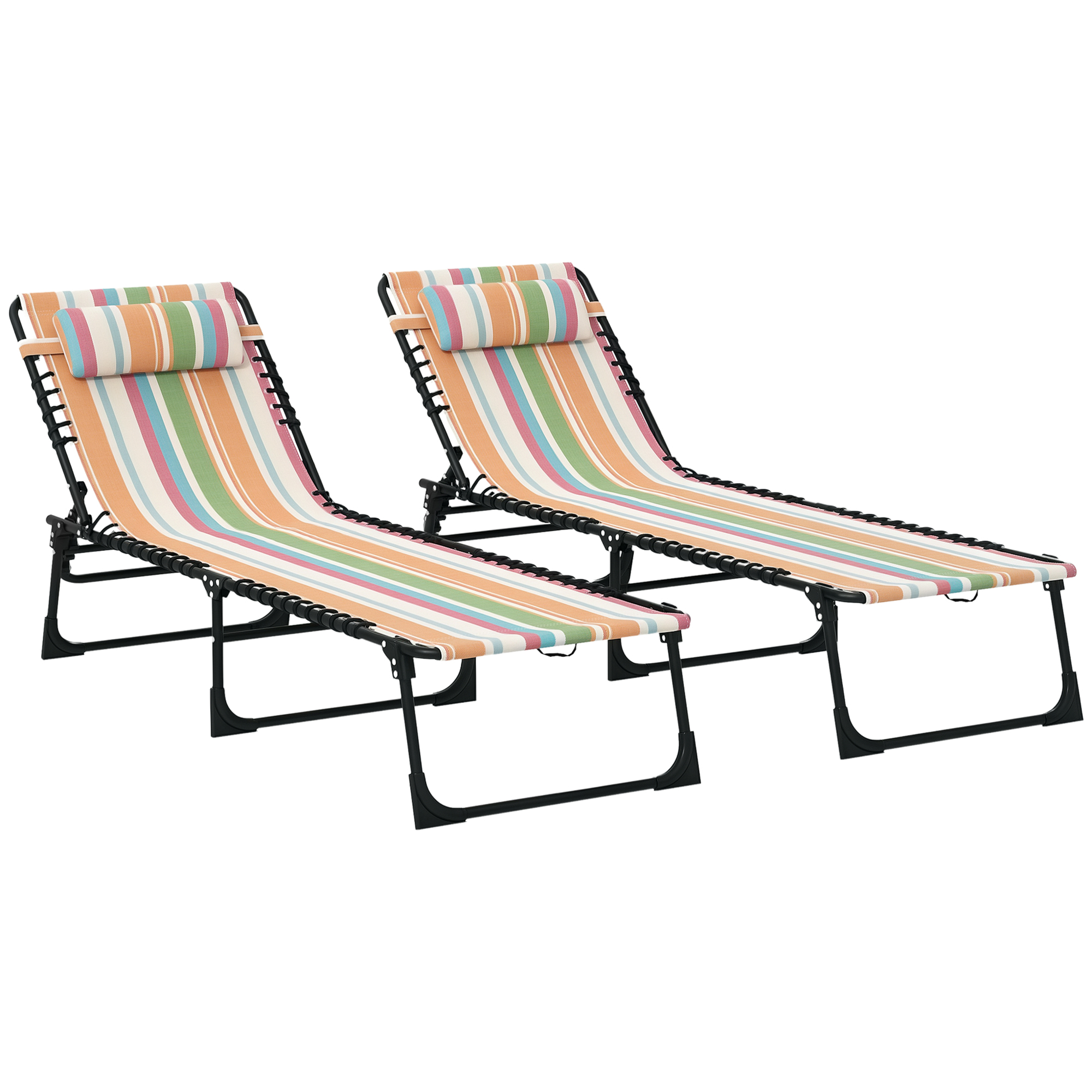 2 Folding Chaise Lounge Pool Chairs with 4-Position Reclining Back, Pillow, Breathable Mesh & Bungee Seat, Striped