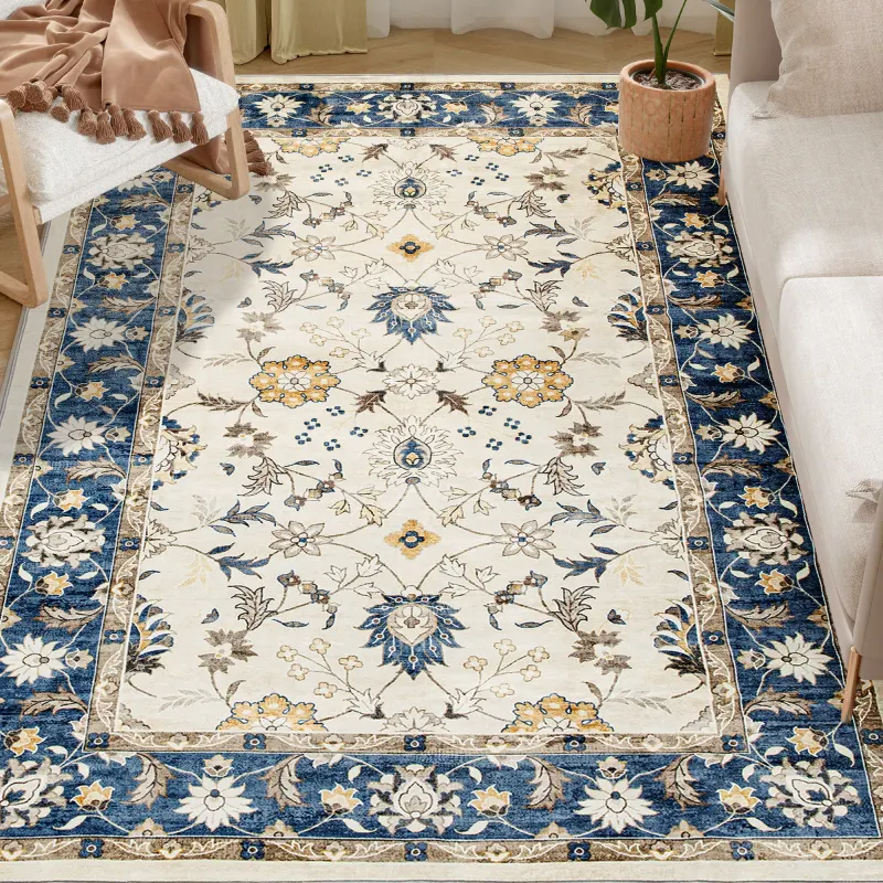 Machine Washable Area Rug 8x10, Non-Slip Boho Floral Print Floor Carpet for Living Room, Bedroom, Dining Room, Blue