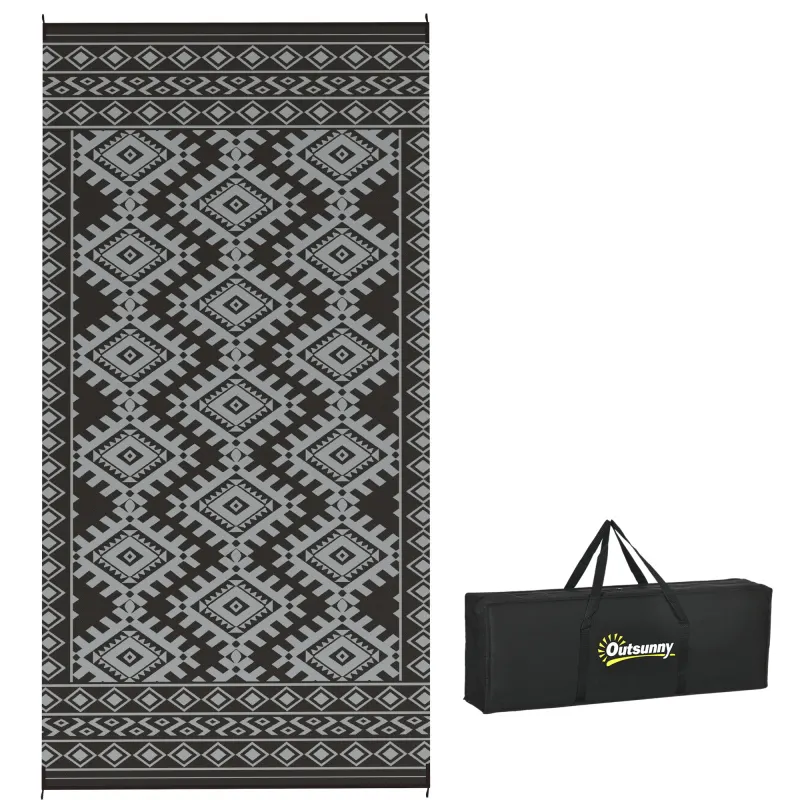 Reversible Outdoor Rug, Waterproof Plastic Straw with Carry Bag, 9' x 18', Black & Gray Rhombus Border