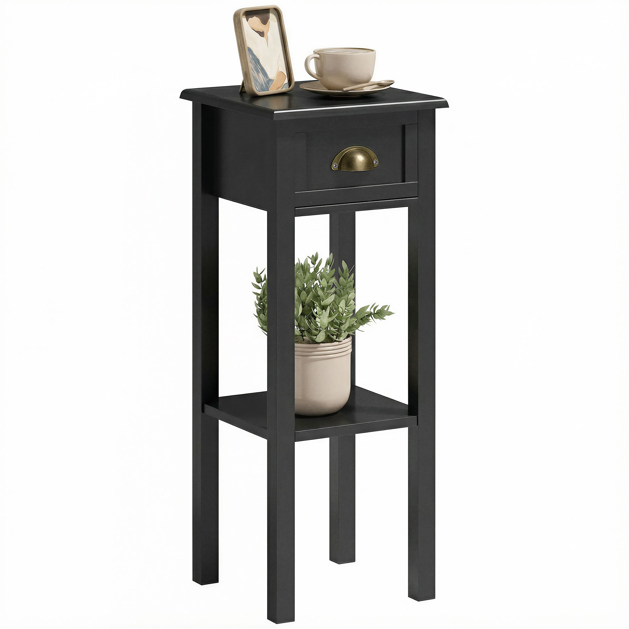 2-Tier Side Table with Drawer and Shelf, End Table for Living Room and Hallway, Black