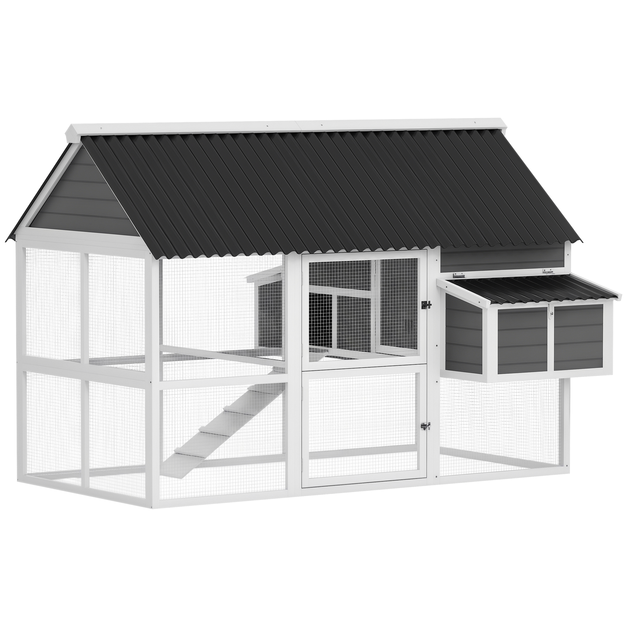Wooden Chicken Coop with Run, 2 Nesting Boxes, 2 Roosting Bars, Ramp & Tray, Poultry Cage for 4-6 Chickens, Gray