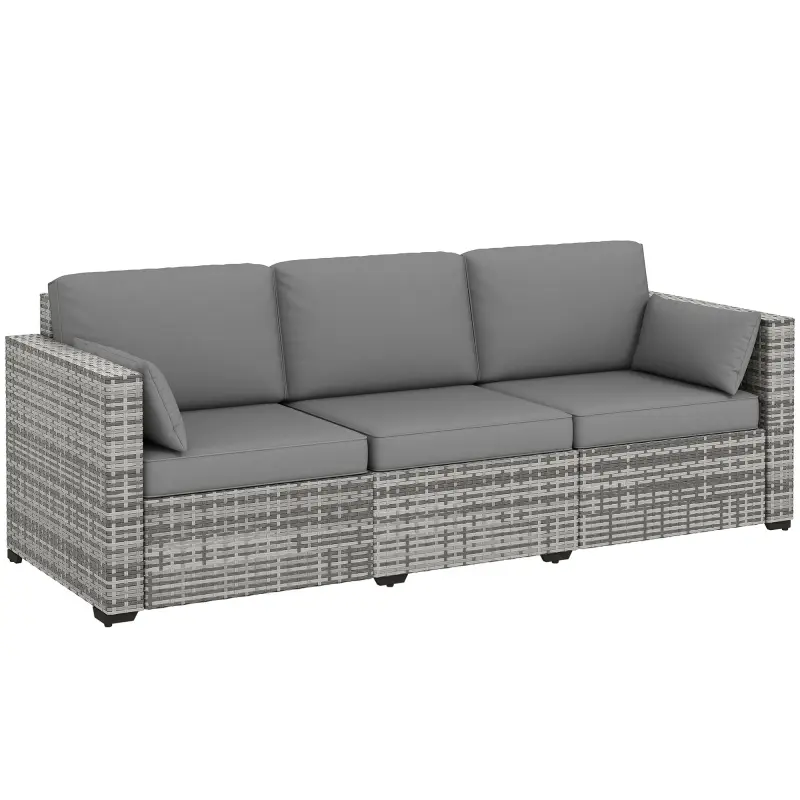  Patio Couch PE Wicker Deep Seating Outdoor Sofa with Removable Cushions, 3 Seater Rattan Sofa, Outdoor Furniture for Balcony, Deck, Garden and Poolside, Gray