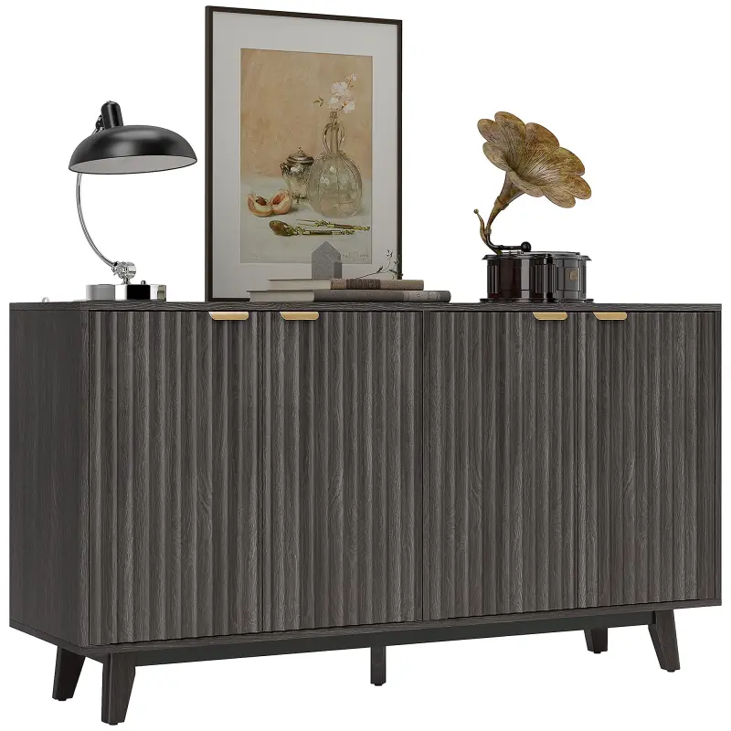 Fluted Sideboard Buffet Cabinet, 55" Coffee Bar Cabinet with 4 Doors, 2 Adjustable Shelves, 5 Wood Legs, Dark Gray