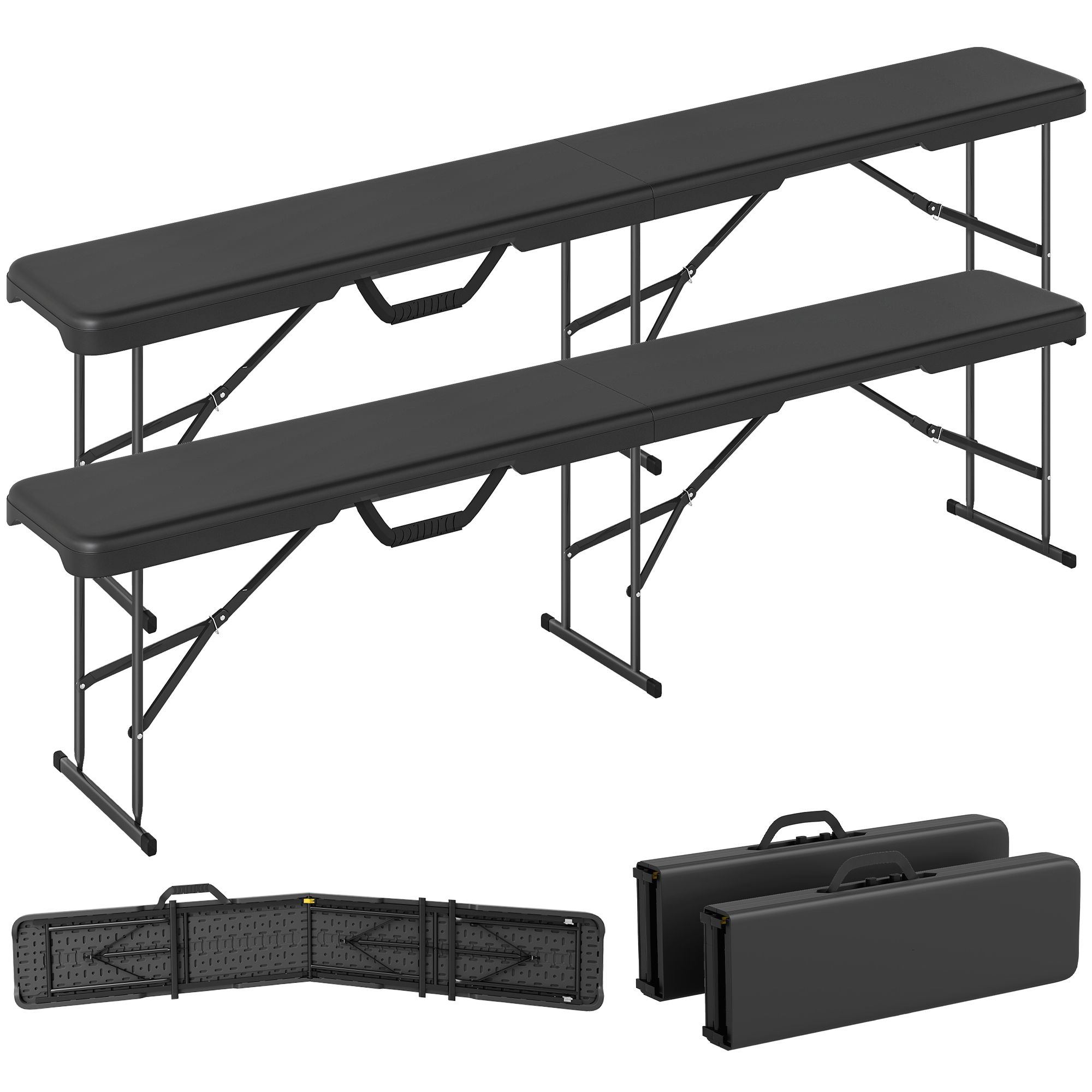2 Pack 6 ft Portable Foldable Bench Seats, Plastic Folding Benches with Carrying Handle for Camping, Black