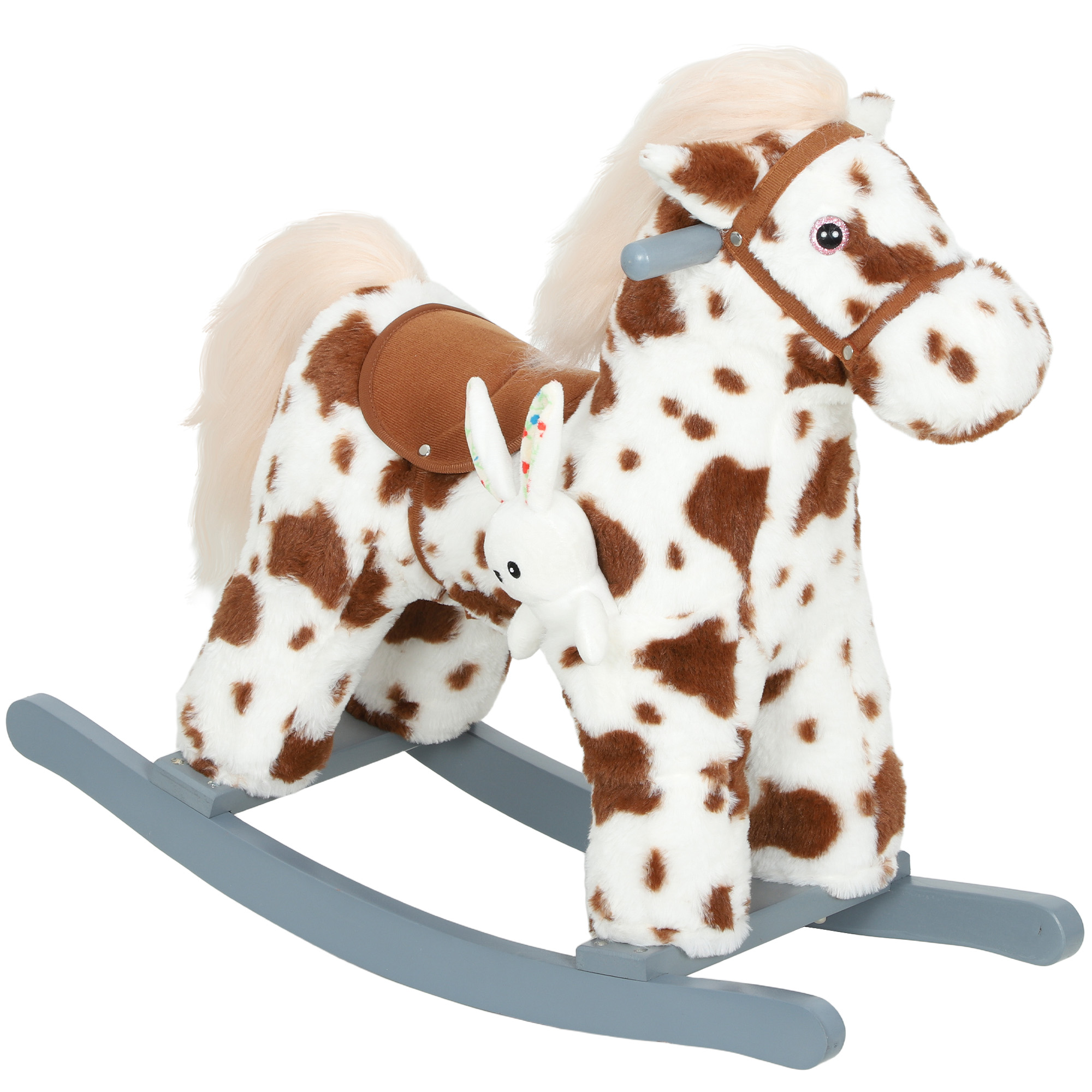 Rocking Horse, Animal Rocker with Rabbit Toy and Realistic Neigh for Toddlers, Soft Filling Ride on Pony, Brown