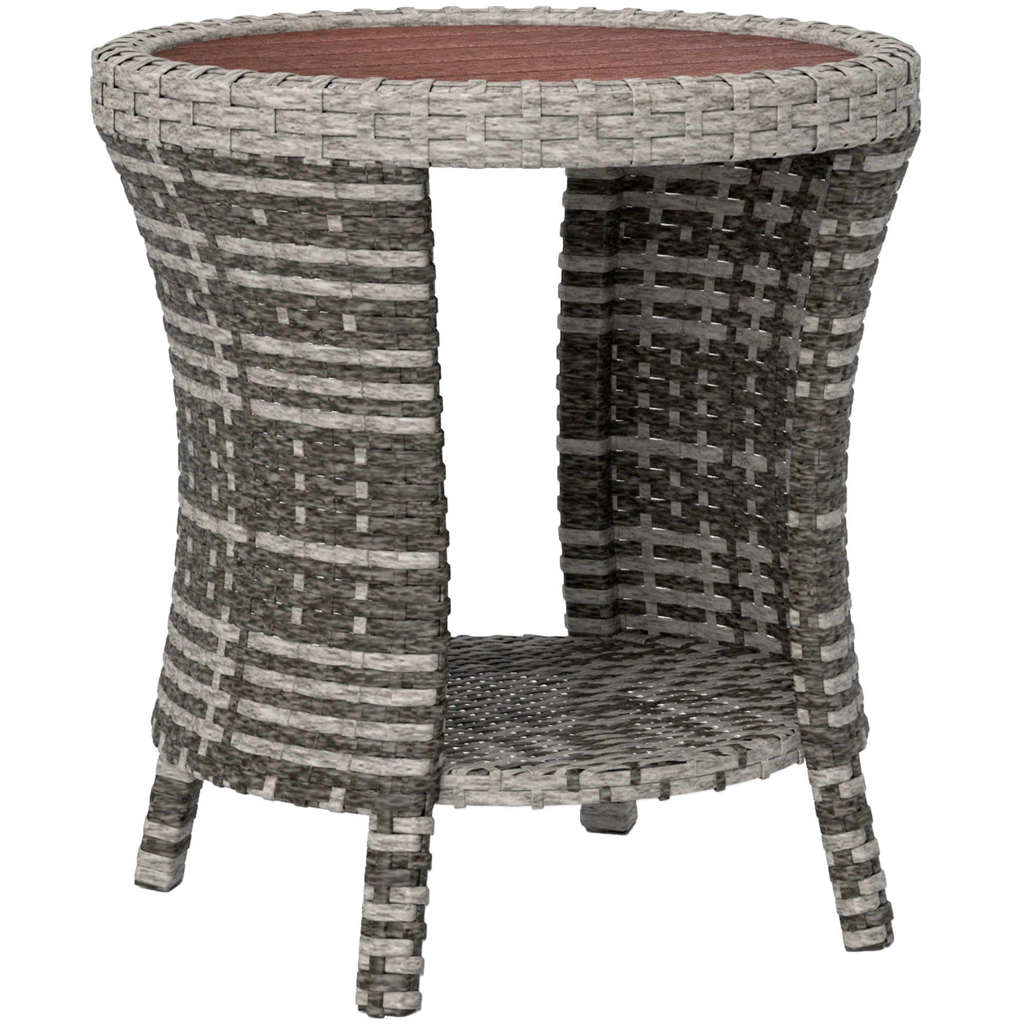 18" Wicker Outdoor Coffee Table, PE Rattan Patio Side Table with 2-Tier Storage, Composite Wood Top, Mixed Gray