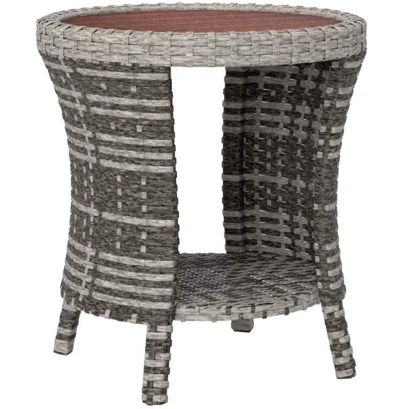 18" Wicker Outdoor Coffee Table, PE Rattan Patio Side Table with 2-Tier Storage, Composite Wood Top, Mixed Gray