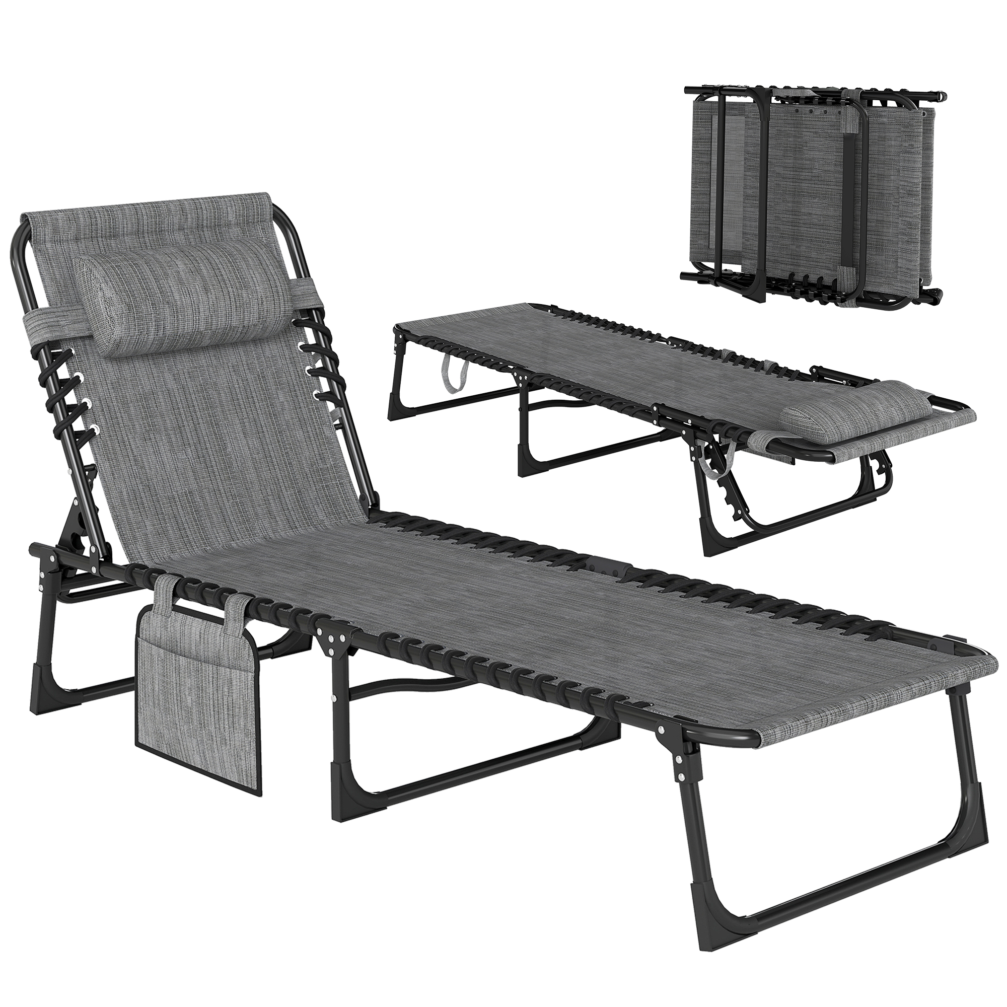 Folding Chaise Lounge Chair Outdoor, Sun Tanning Chair with Side Pocket, Carrying Strap, Portable Patio Beach Lounger with 5-Position Reclining Back, Headrest for Pool, Camping, Yard, Gray