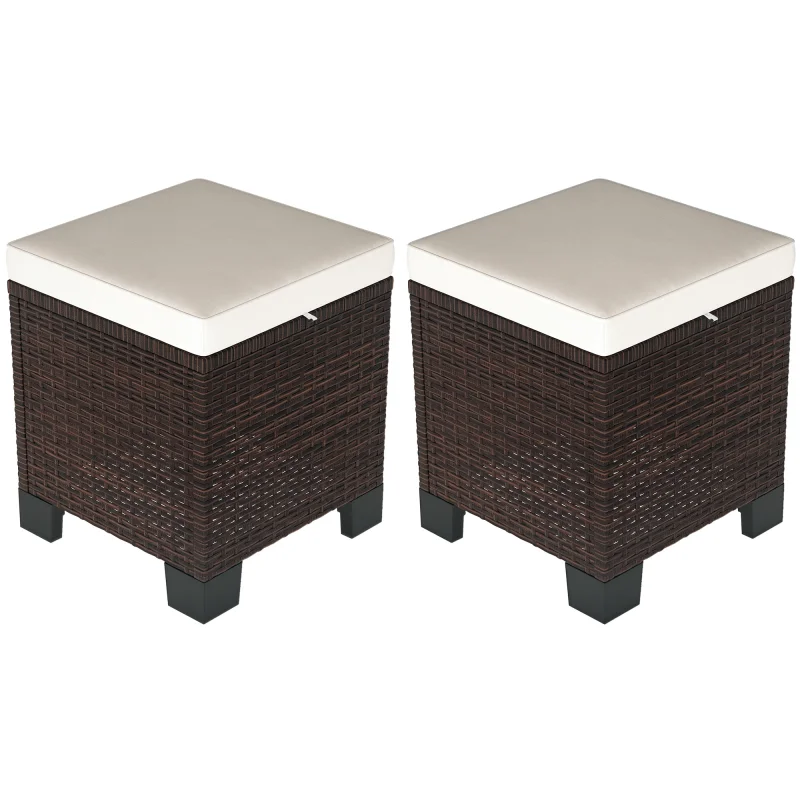 2 Piece Wicker Outdoor Ottomans with Cushions, Rattan Ottoman Footrest and Side Table for Patio, Yard, Poolside, Beige