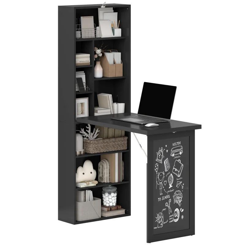 Fold-out Convertible Home Office Desk, Wall Mount Computer Desk with Blackboard and Side Shelf, Black