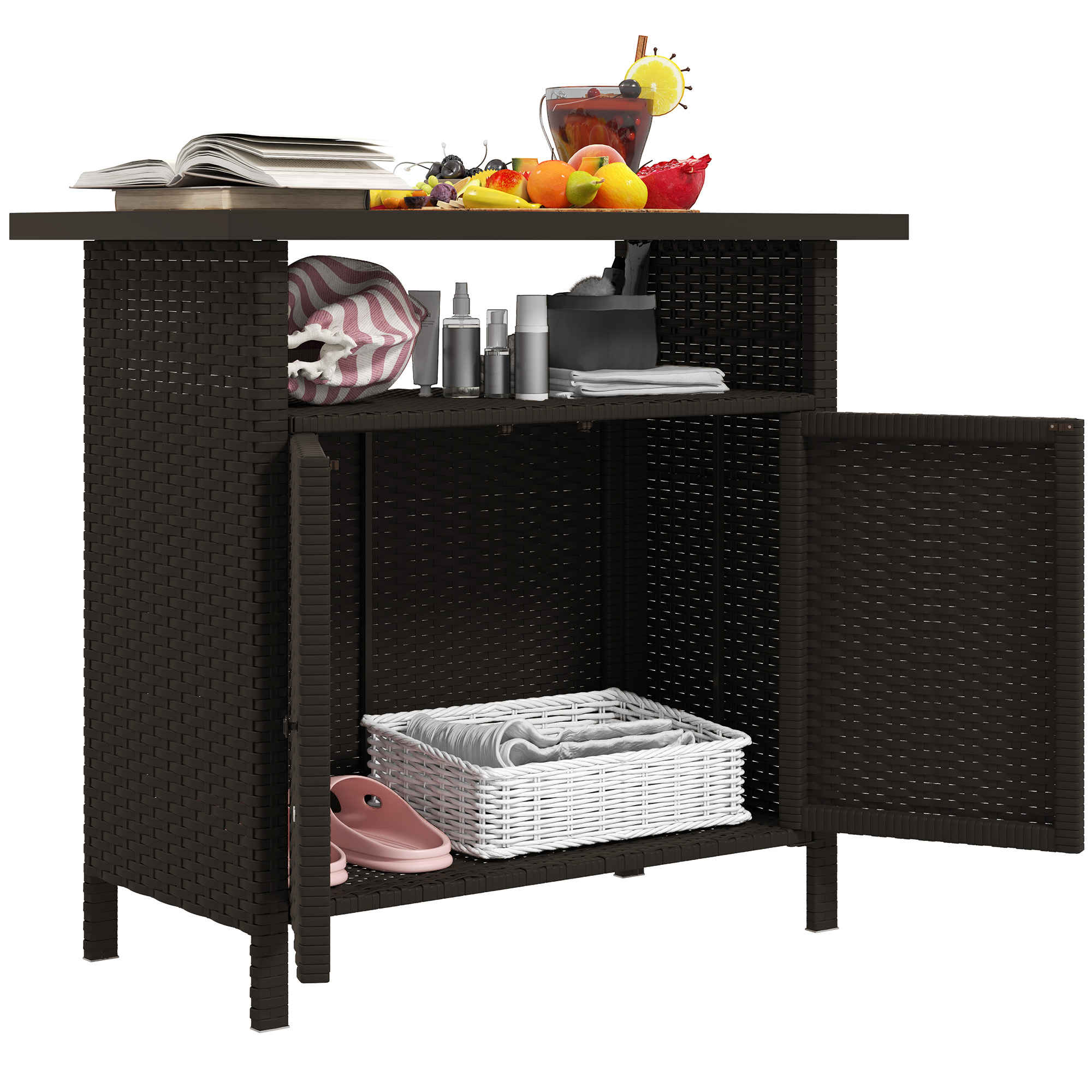 Wicker Outdoor Storage Cabinet with Two Doors and Shelf for Outdoor Pool Towel Storage, Dark Coffee