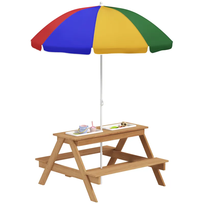 Wooden Outdoor Kids Picnic Table with Removable Umbrella, Children Sand and Water Activity Table for Patio, Mixed Color