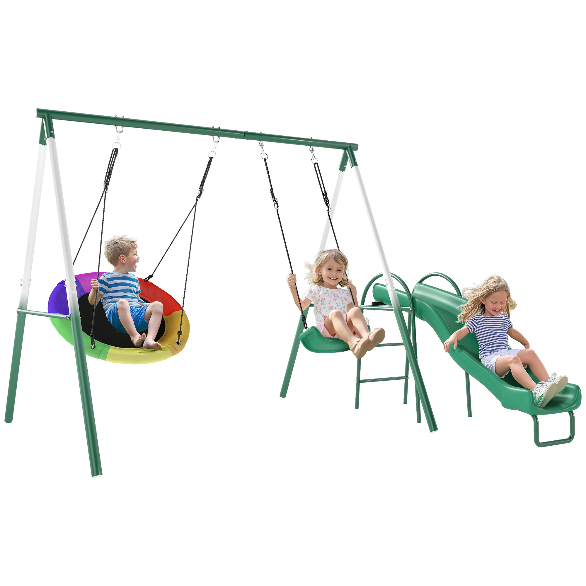 Metal Swing Set with Slide, Saucer Swing Seat, Heavy Duty A-Frame Stand and Adjustable Rope for Backyard, Dark Green