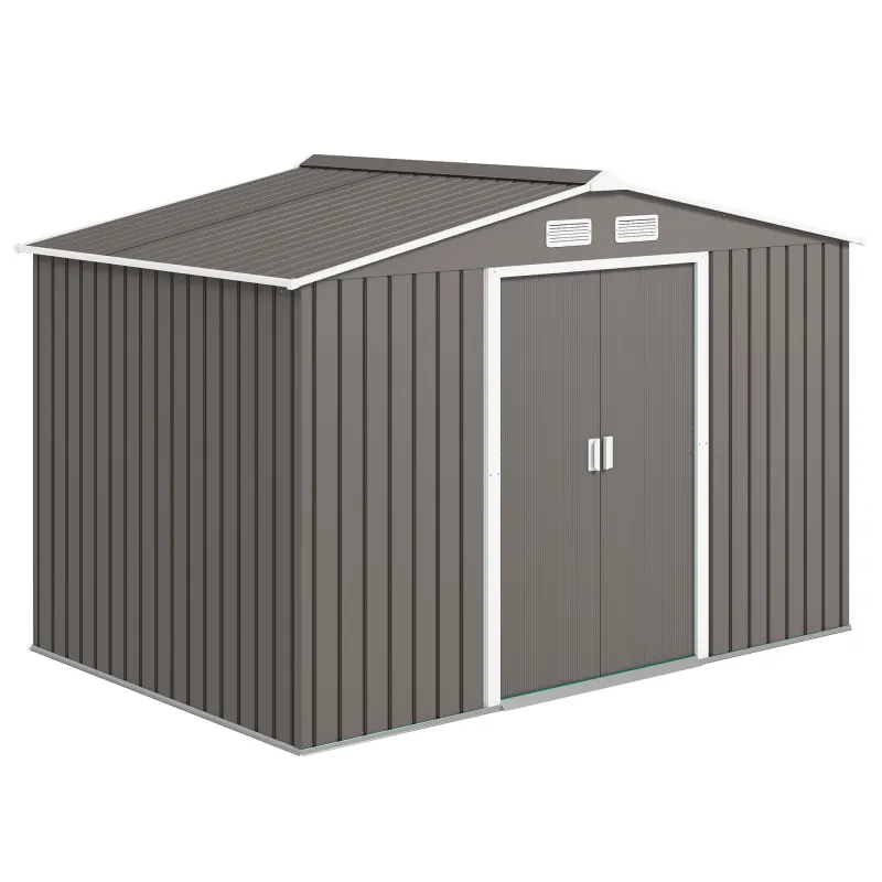  9' x 6' Outdoor Storage Shed, Garden Tool Metal Shed with Foundation Kit, Double Lockable Door, Air Vents and Sloping Roof, for Backyard, Patio, Lawn, Gray