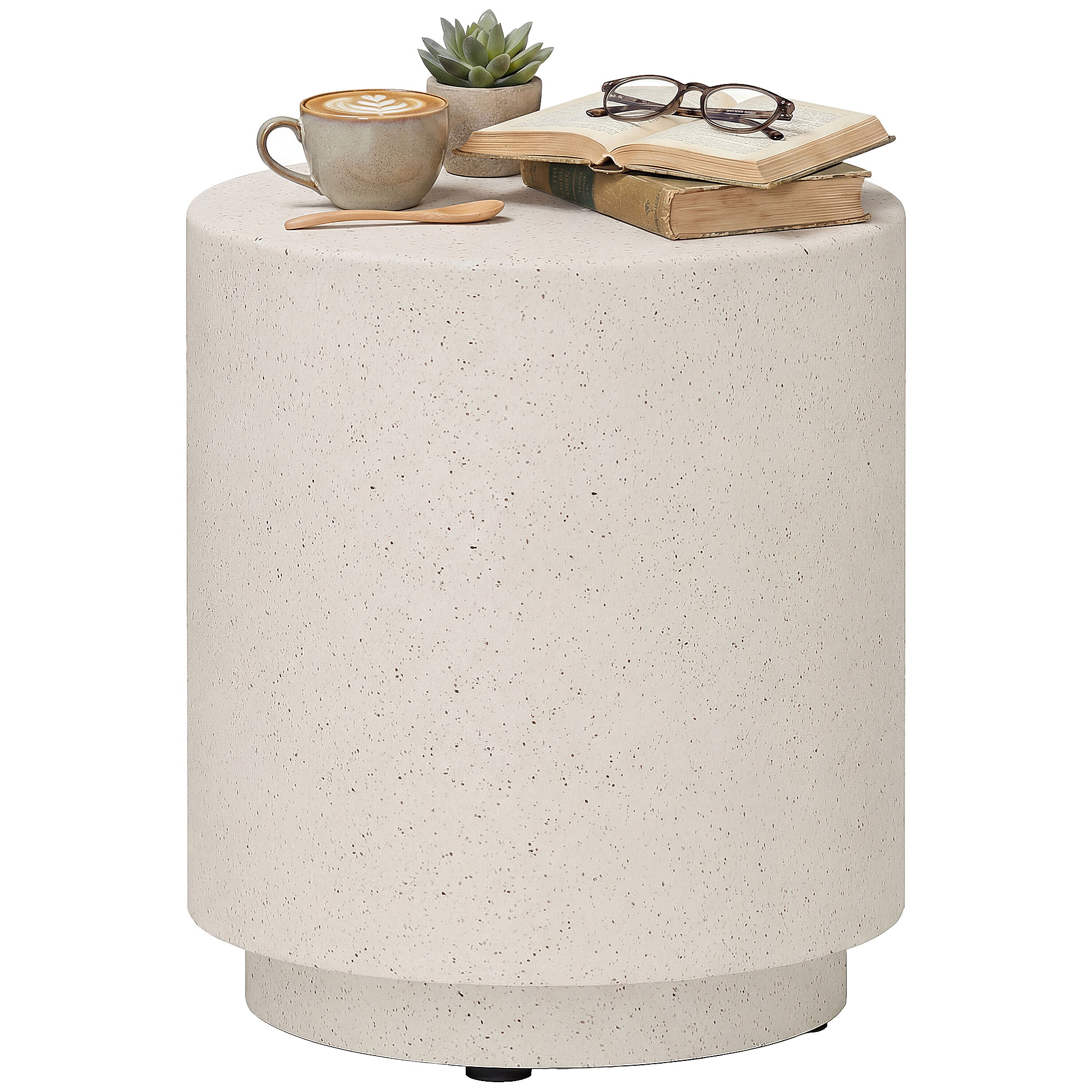 Lightweight Accent Table with Concrete Finish Round Side Table, Cream White