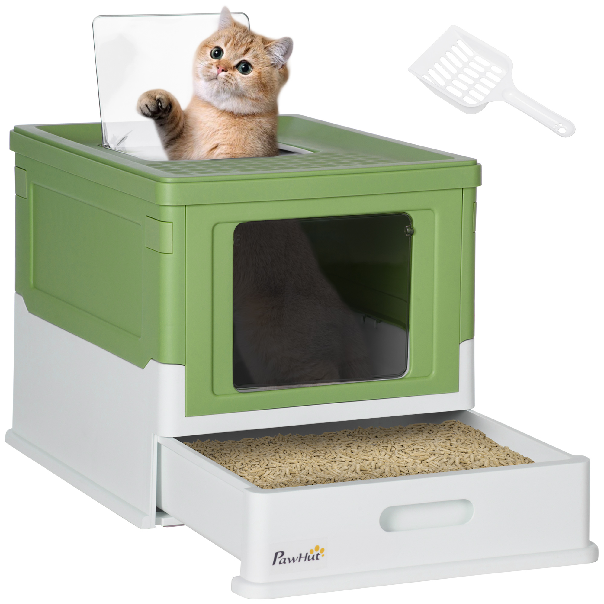 Fully Enclosed Cat Litter Box with Front Entry, Top Exit, Yellowish Green
