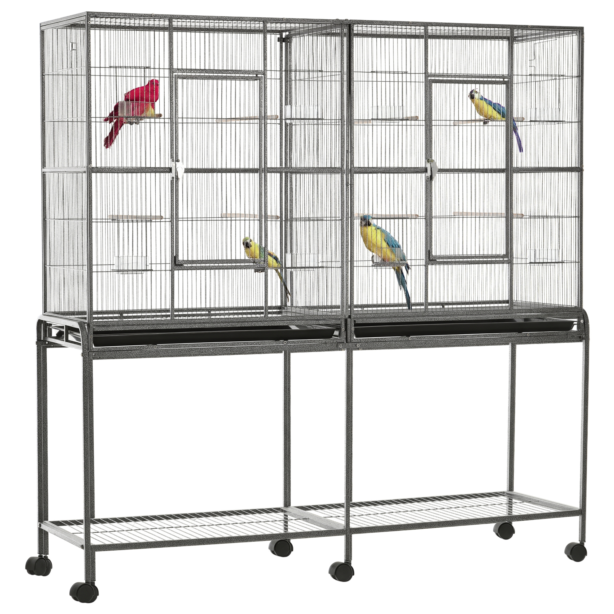Rolling 65"L Bird Cage w/ Storage Shelf Wood Perch Food Container