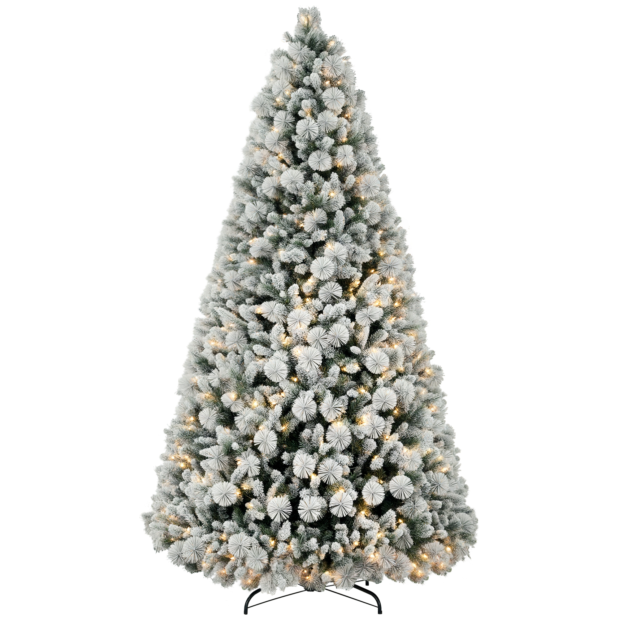 9 ft Prelit Flocked Artificial Christmas Tree with 750 Clear Lights, 2387 Tips, Metal Stand for Home Office Holiday