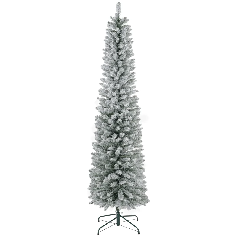 7ft Artificial Christmas Tree, Snow Flocked Branches, Metal Base, Pencil Xmas Tree