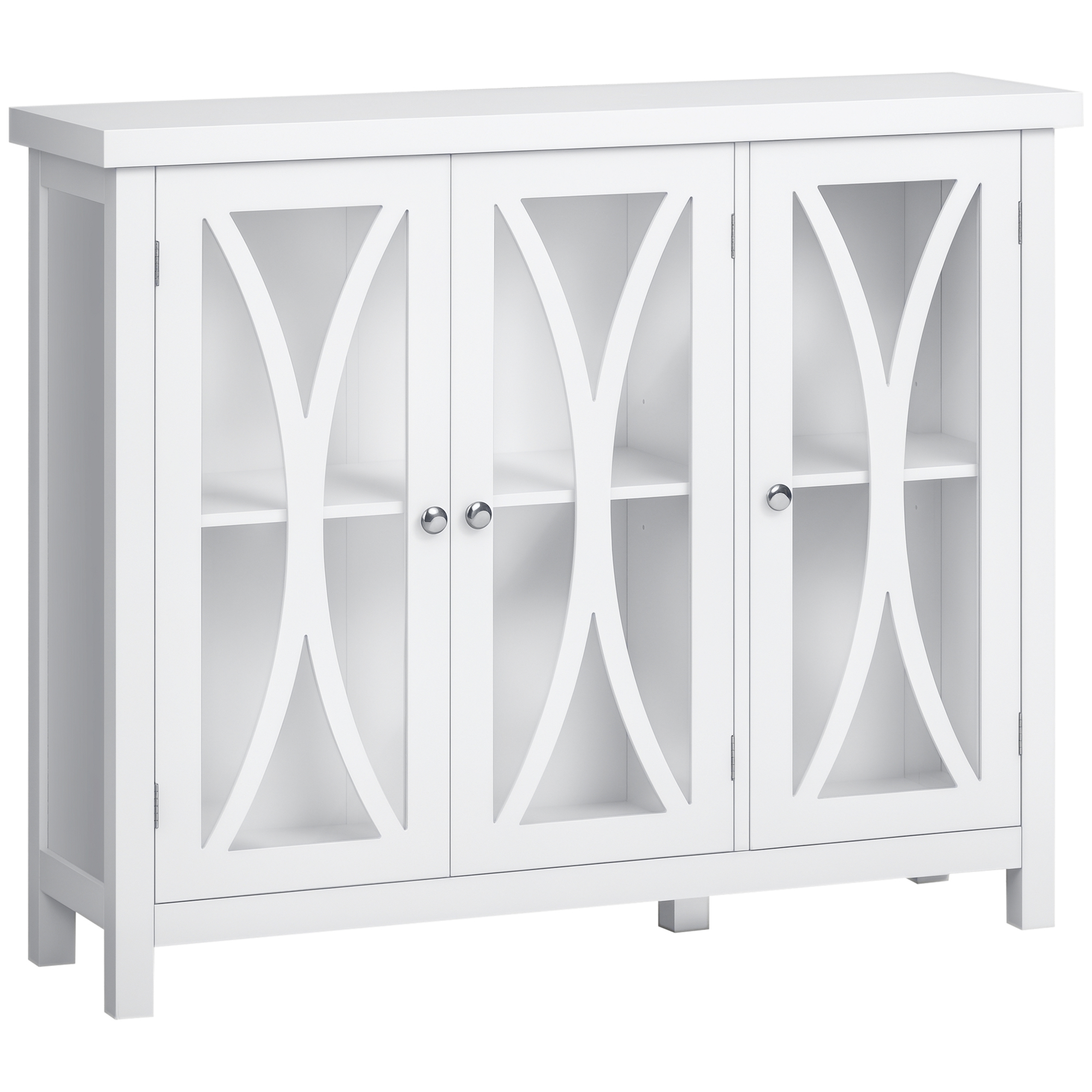 Sideboard, Buffet Cabinet with 3 Tempered Glass Doors, Arc Pattern and Adjustable Storage Shelf, Credenza, White