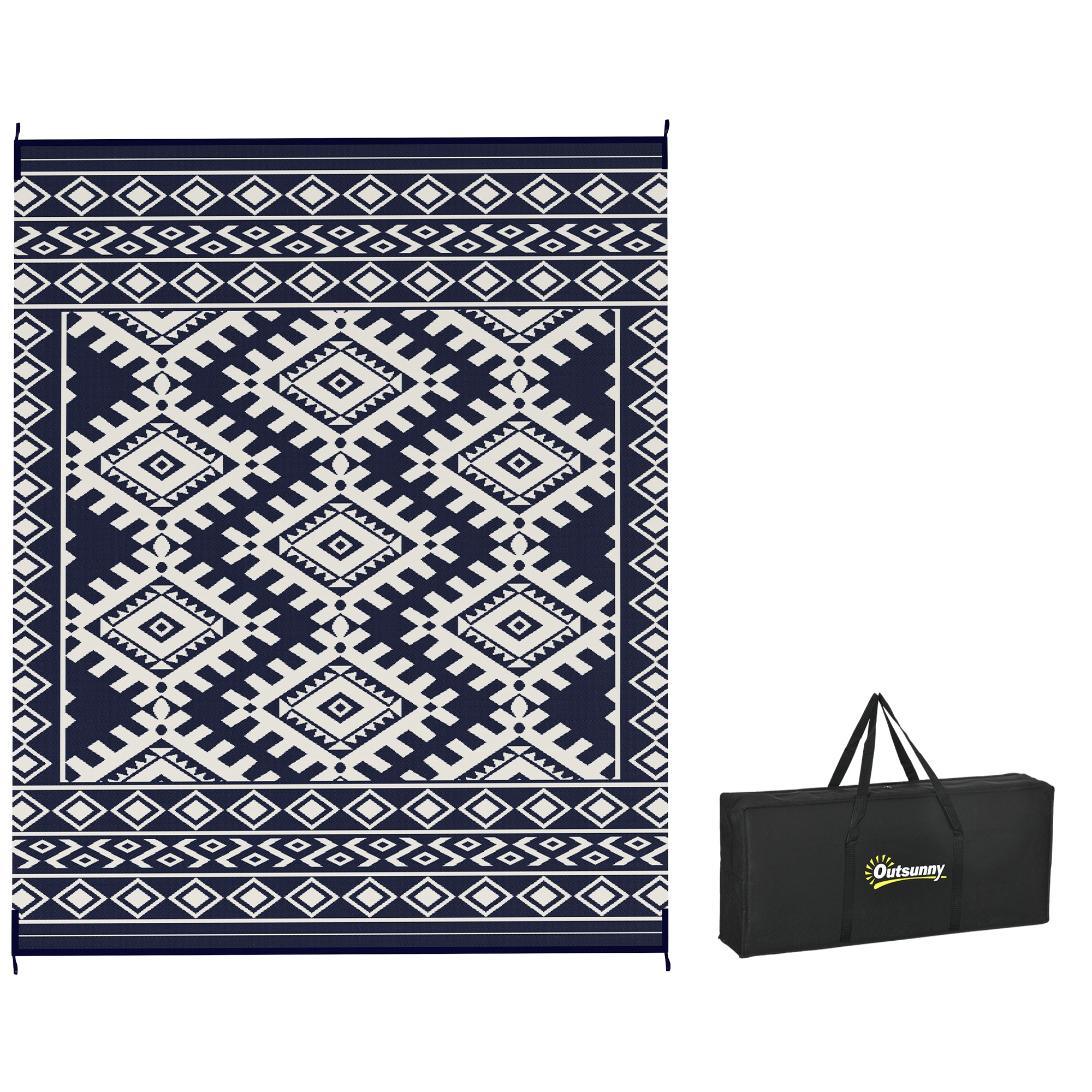 Reversible Outdoor Rug, Waterproof Plastic Straw with Carry Bag, 8' x 10', Blue & White Rhombus Border