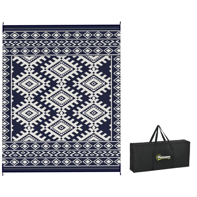 Reversible Outdoor Rug, Waterproof Plastic Straw with Carry Bag, 8' x 10', Blue & White Rhombus Border