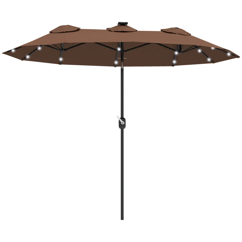 Double-sided Patio Umbrella, 9.7 ft. Outdoor Umbrella with 45-Degree Tilt and Crank, LED Solar Light and 12 Ribs, Coffee