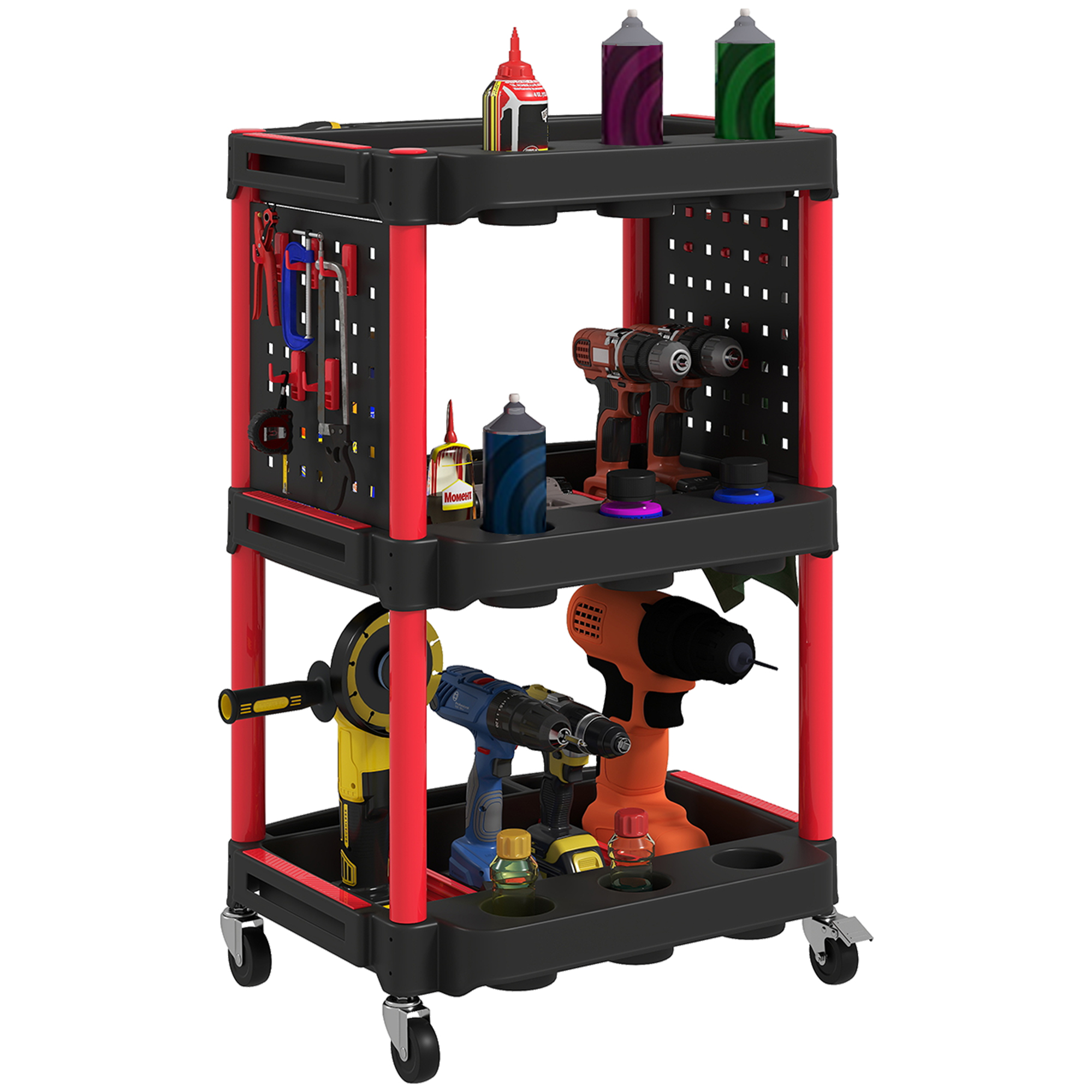 3-Tier Rolling Tool Cart, 200 LBS Capacity Plastic Utility Cart with Side Shelves for Garage, Workshop, Black and Red