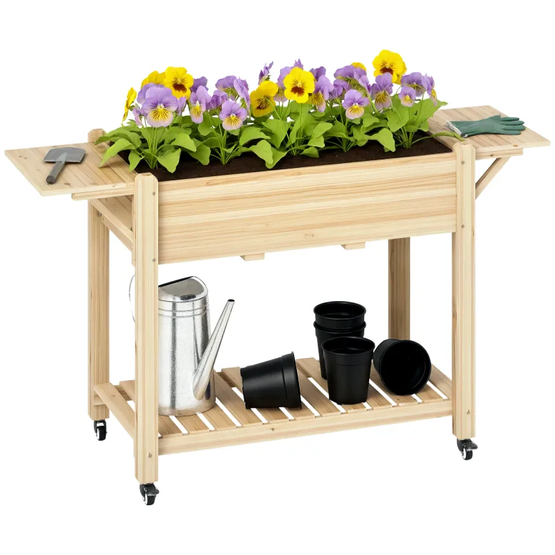 Wood Raised Planter Box, Elevated Garden Bed with Lockable Wheels, Side Tables, Bottom Shelf, Drain Holes, Natural