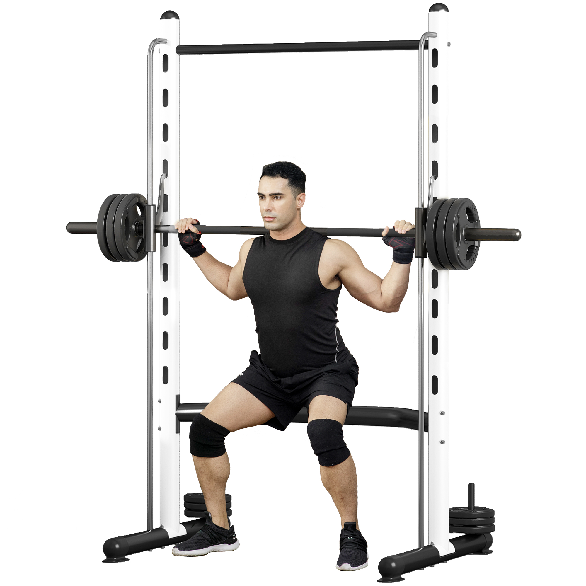 Soozier Squat Rack with Pull Up Bar and Barbell Bar Adjustable Bench Press Multi-Function Weight Lifting Half Rack, White