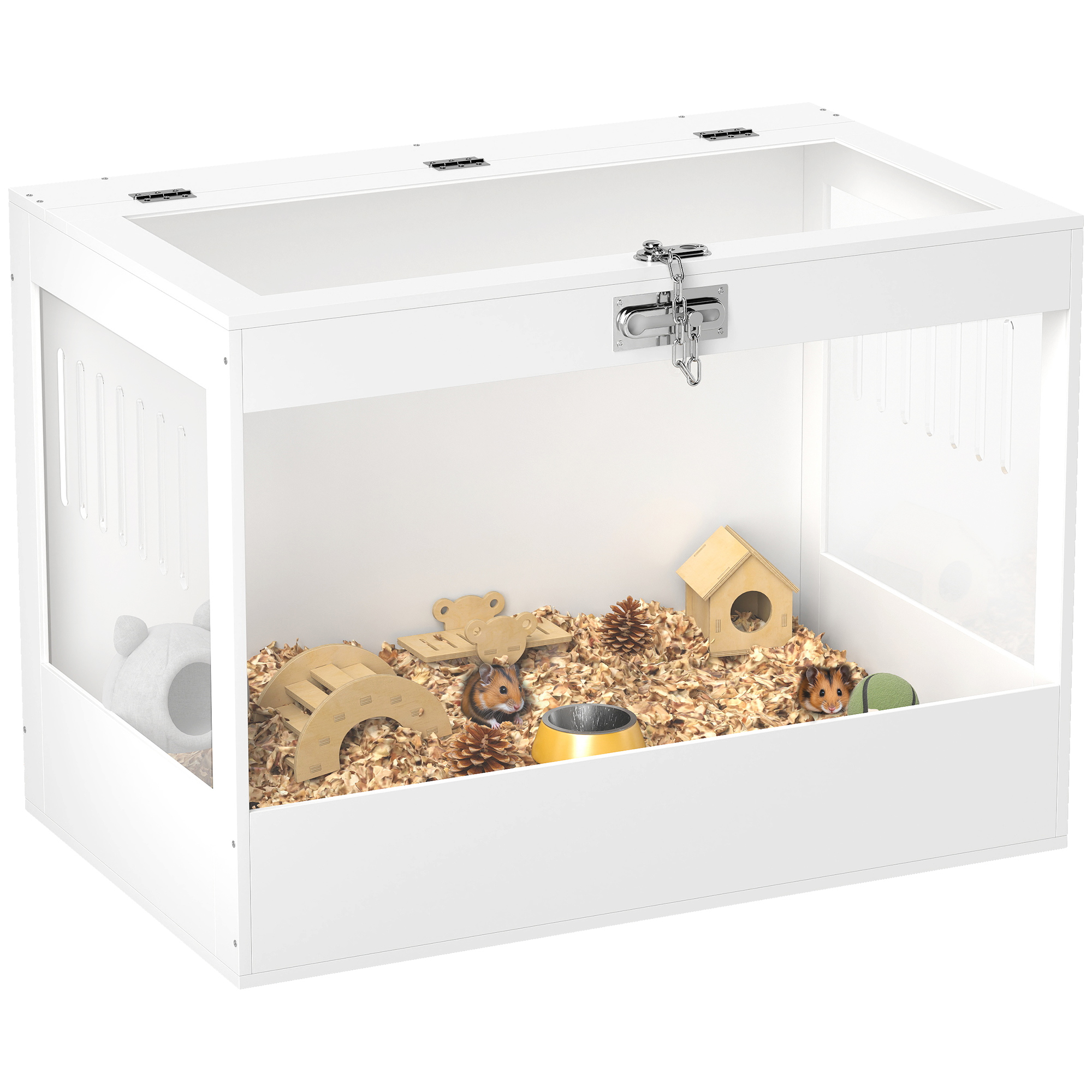 Hamster Cage with Openable Top & Lock, Hut, Transparent Acrylic Panels, Accessories, for Dwarf Hamster Gerbil, White