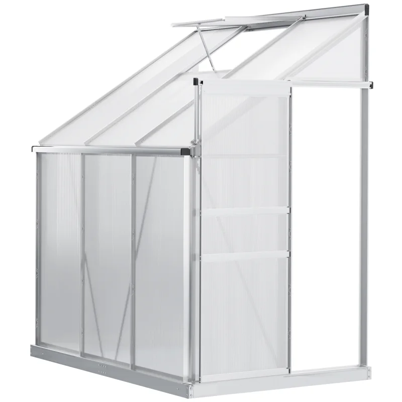  6' x 4' Aluminum Lean-to Greenhouse Polycarbonate Walk-in Garden Greenhouse with Adjustable Roof Vent, Rain Gutter and Sliding Door for Winter, Clear