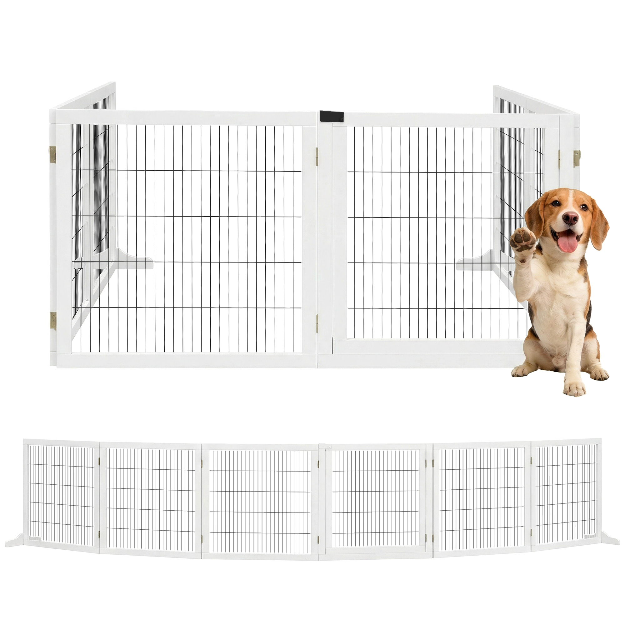 Wooden Pet Gate, 6-Panel Folding Dog Safety Barrier with Support Feet for Small & Medium Dogs, White