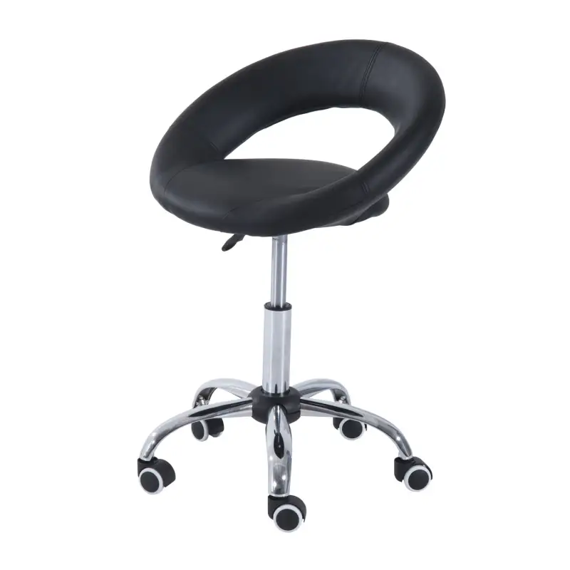Crescent Rolling Salon Stool with Adjustable Height, Breathable Open Back, Foam Cushion Seat, and 5 Caster Wheels, Black