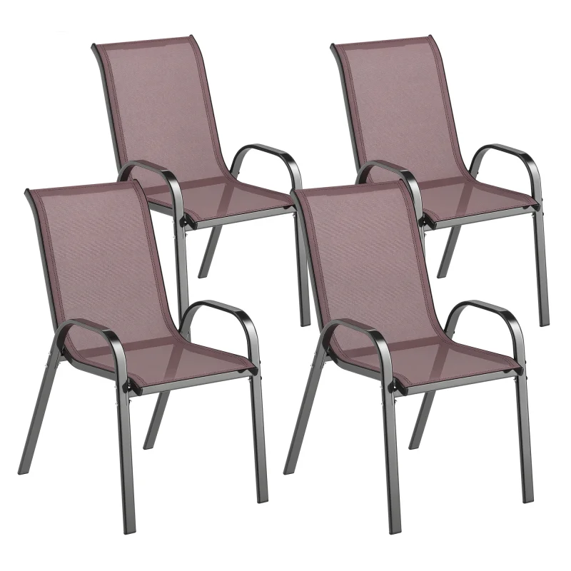 Set of 4 Outdoor Dining Chairs, Stackable Patio Chairs with High Back, Breathable Mesh Seat for Garden Lawn, Brown