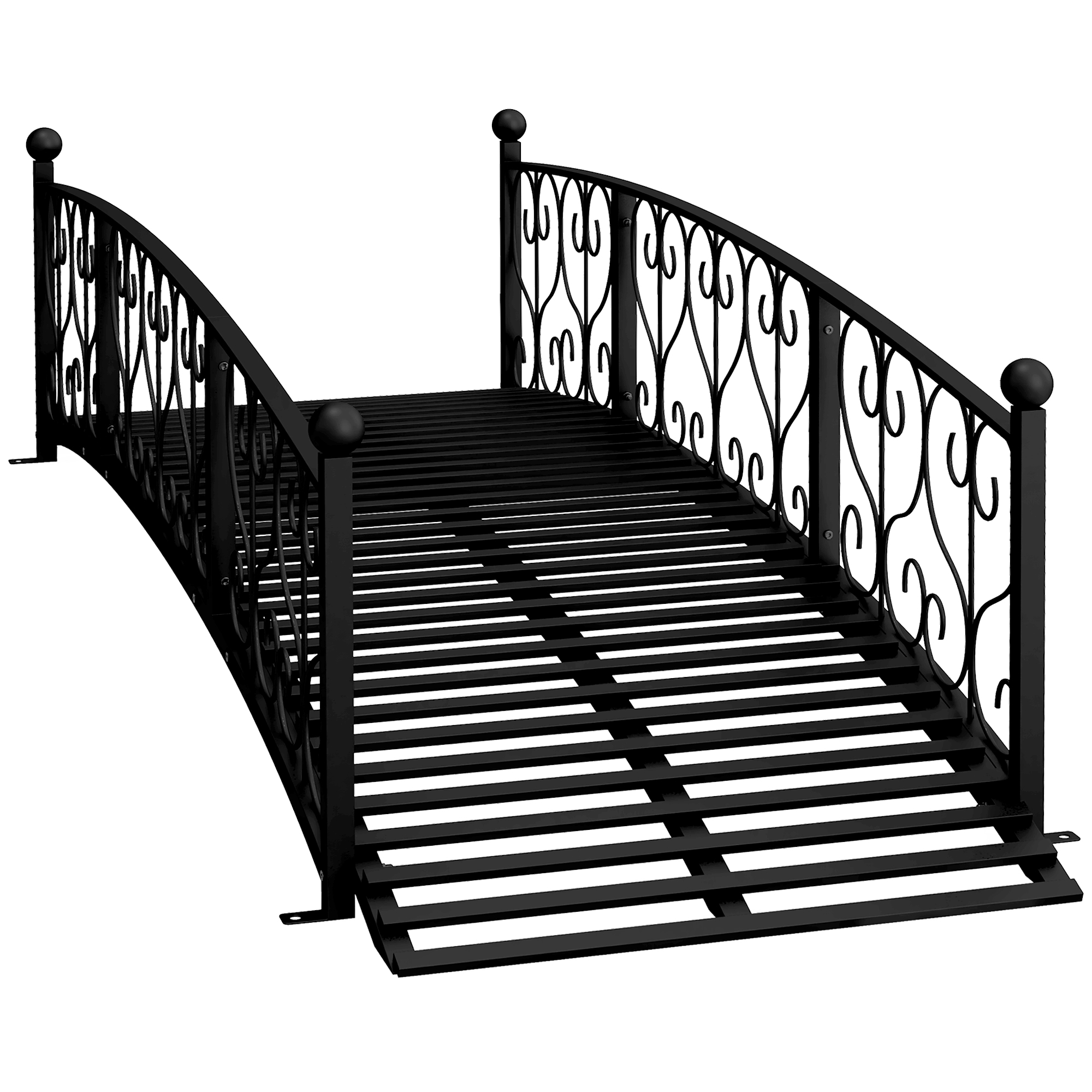 7' Metal Arch Garden Bridge Arc Footbridge with Side Railings Decorative Scrollwork, Black
