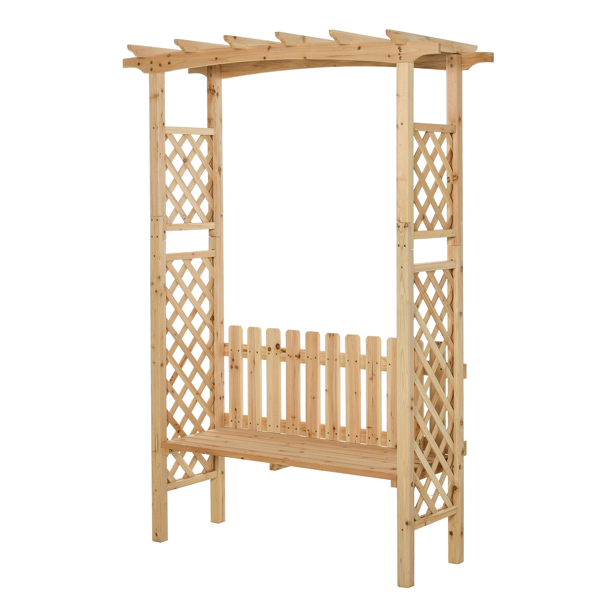  Outdoor Garden Bench Arch Pergola with Natural Fir Wood Build, Protective Varnish, & 2 Person Ergonomic Bench
