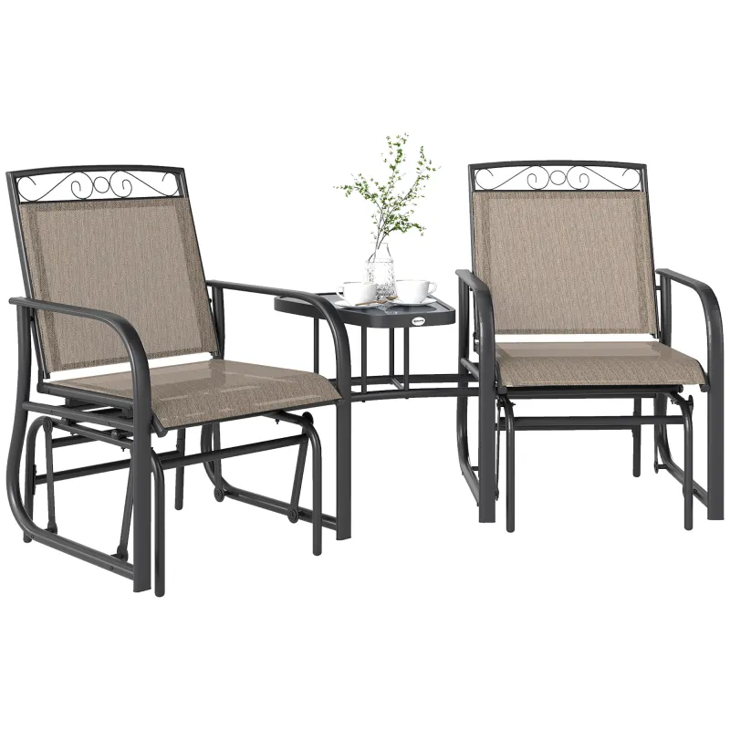 Outdoor Glider Chairs with Coffee Table, Patio 2-Seat Rocking Chair Swing with Breathable Sling for Backyard, Garden and Porch, Brown